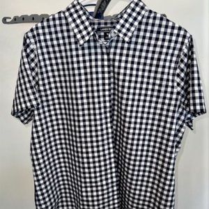 Misses Land's End Navy and White Gingham Short Sleeve Button Down Shirt